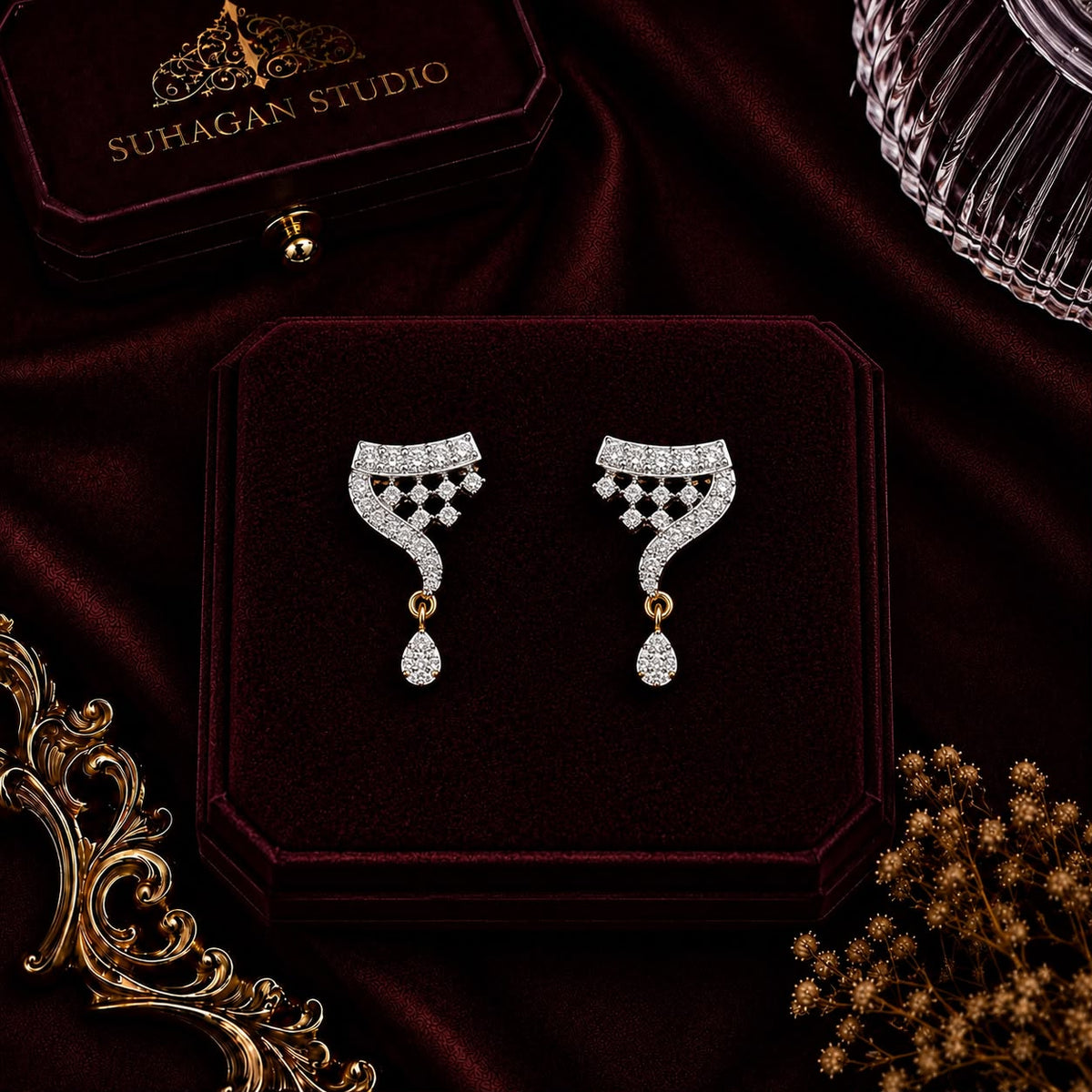 Sparkling Crescent American Diamond Double Chain Mangalsutra Set with Earrings | Gold-Plated Brass Jewellery