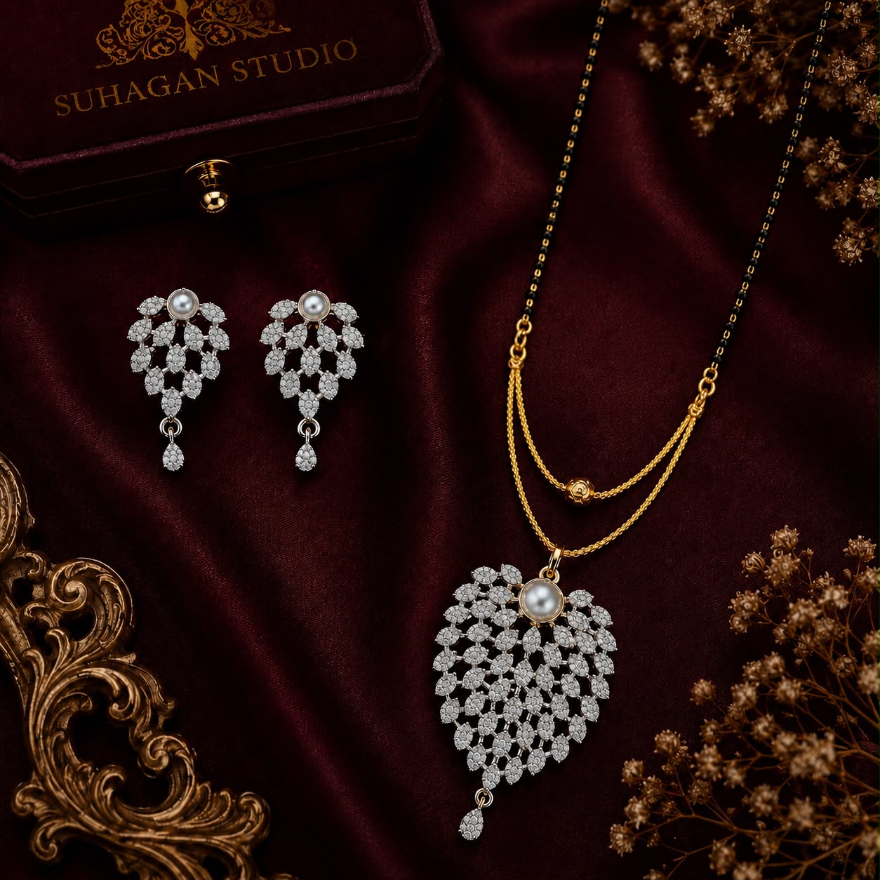Pearl Cascade American Diamond Single Chain Mangalsutra Set with Earrings | Gold-Plated Brass Jewellery