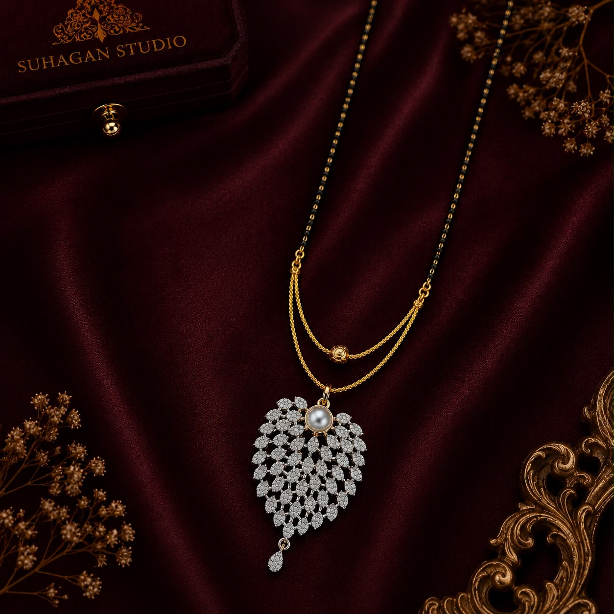 Pearl Cascade American Diamond Single Chain Mangalsutra Set with Earrings | Gold-Plated Brass Jewellery