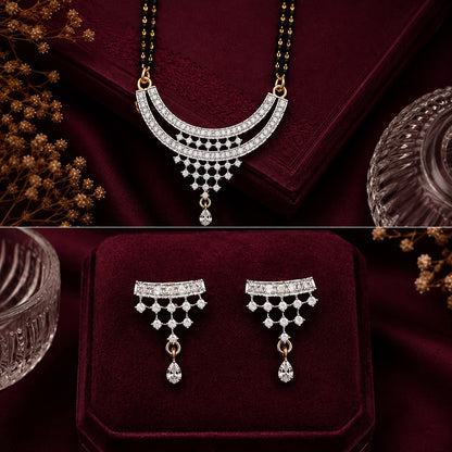 Twinkling Arc American Diamond Double Chain Mangalsutra Set with Earrings | Gold-Plated Brass Jewellery