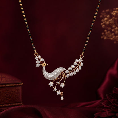 Peacock Grace American Diamond Single Chain Mangalsutra Set with Earrings - Suhagan Studio by Gurjas | Gold-Plated Brass Jewellery