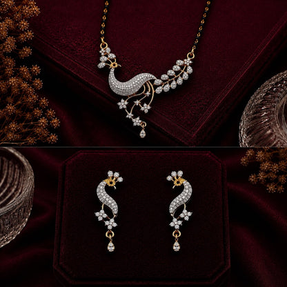 Peacock Grace American Diamond Single Chain Mangalsutra Set with Earrings - Suhagan Studio by Gurjas | Gold-Plated Brass Jewellery