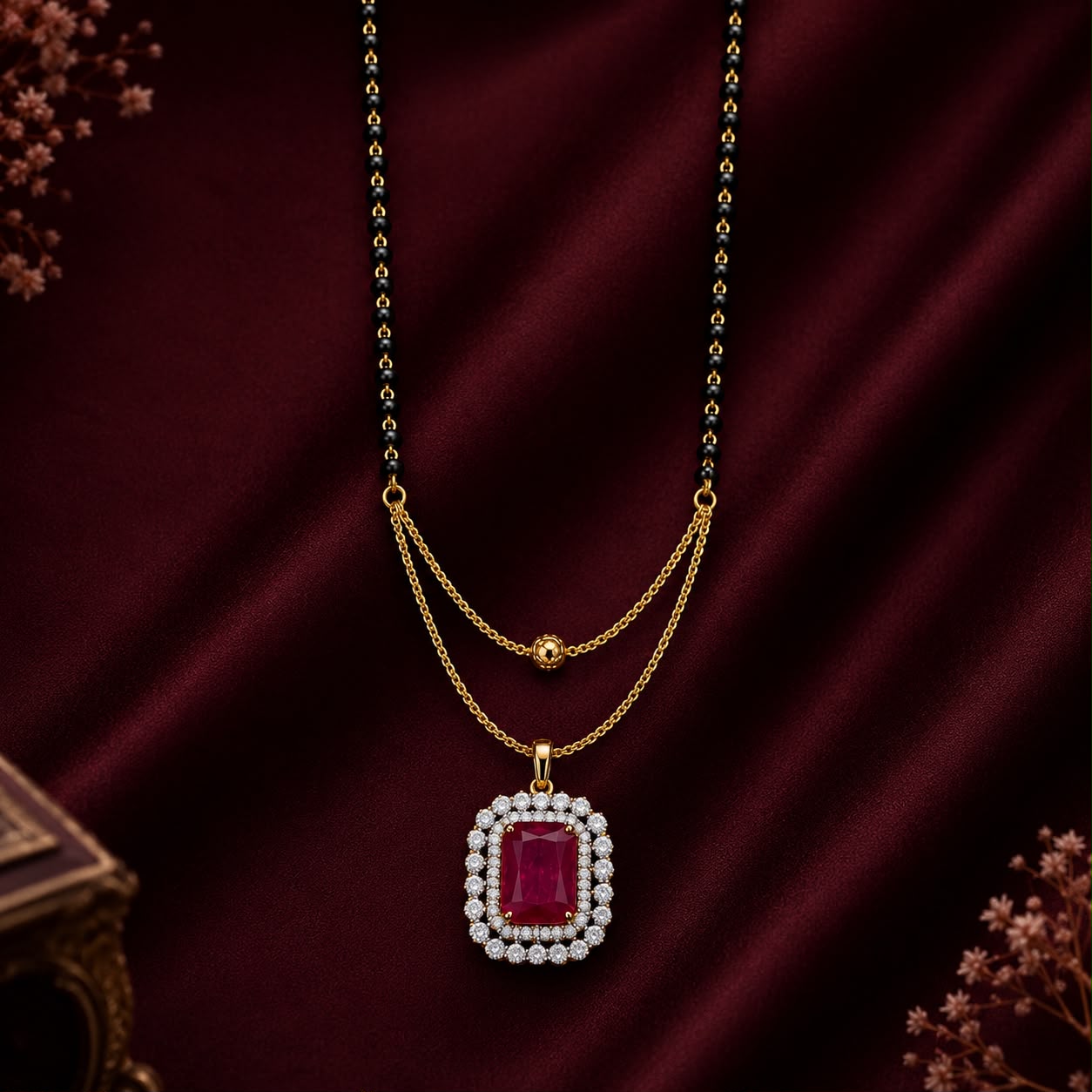 Royal Ruby American Diamond 5-Piece Single Chain Mangalsutra Jewellery Combo with Adjustable Ring & Bracelet