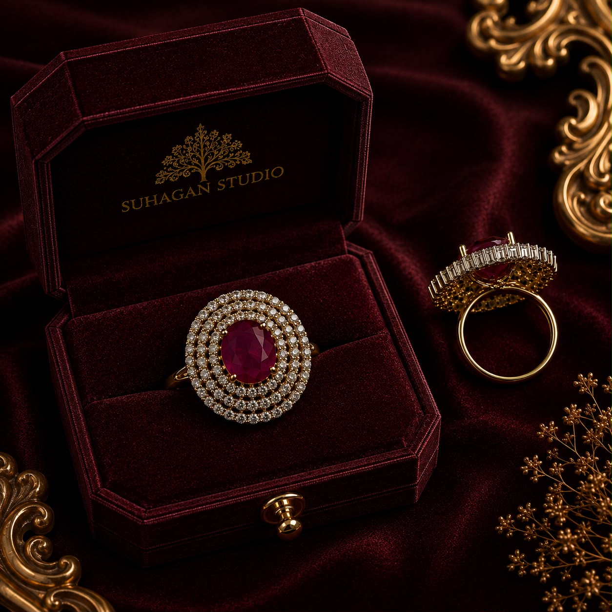 Royal Ruby American Diamond 5-Piece Single Chain Mangalsutra Jewellery Combo with Adjustable Ring & Bracelet