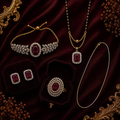 Royal Ruby American Diamond 5-Piece Single Chain Mangalsutra Jewellery Combo with Adjustable Ring & Bracelet
