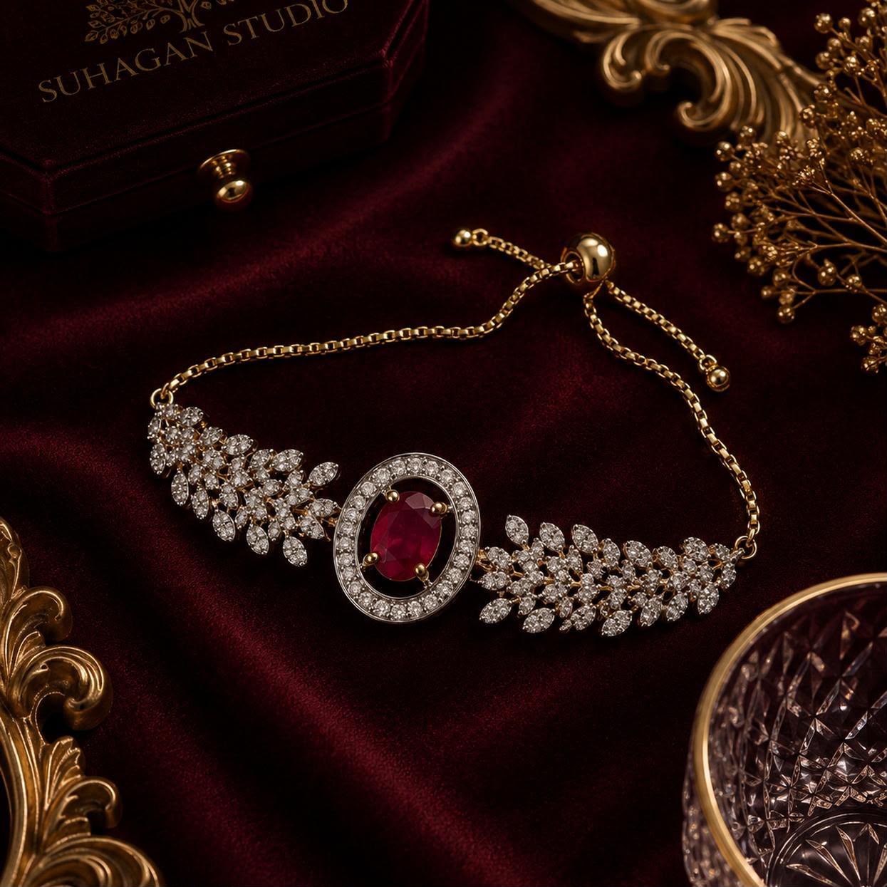 Royal Ruby American Diamond 5-Piece Single Chain Mangalsutra Jewellery Combo with Adjustable Ring & Bracelet