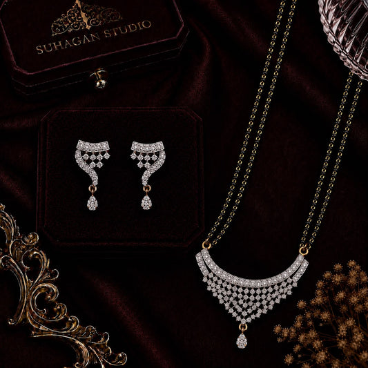 Sparkling Crescent American Diamond Double Chain Mangalsutra Set with Earrings | Gold-Plated Brass Jewellery