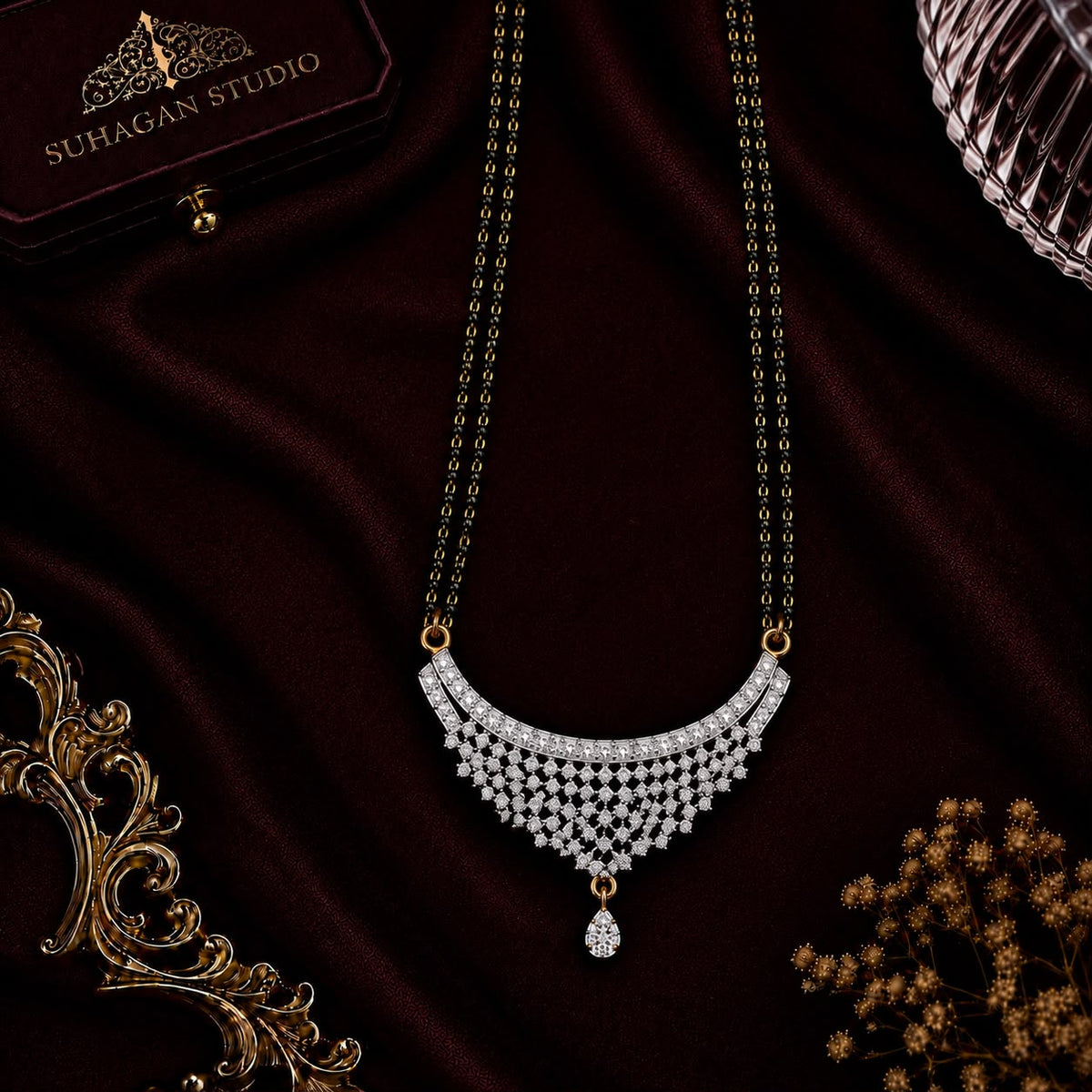 Sparkling Crescent American Diamond Double Chain Mangalsutra Set with Earrings | Gold-Plated Brass Jewellery