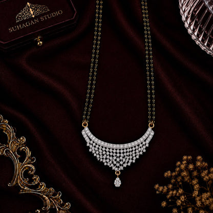 Sparkling Crescent American Diamond Double Chain Mangalsutra Set with Earrings | Gold-Plated Brass Jewellery